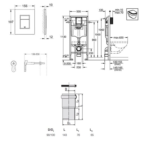 GROHE - Pack WC Bâti-support RAPID SL + WC lavant suspendu Sensia Alpine + Plaque noire mate + Set habillage (RSLSENSIAKF0SB) - large