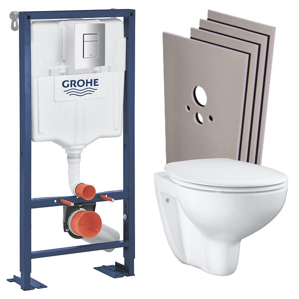 GROHE - Grohe SOLIDO Pack Bâti-support + Cuvette suspendue + Abattant +Set de montage +Plaque chrome (AUTOPORTANT-BAU-1-SABO) - large