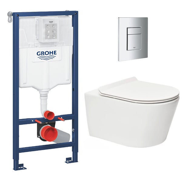 GROHE - Grohe Pack WC Bâti-support Rapid SL + WC sans bride Brevis + Abattant softclose + Plaque chrome (RapidSL-Brevis-1-SP) - large