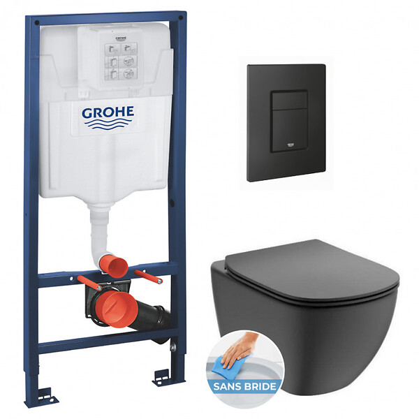 GROHE - Grohe Pack WC Bâti support + WC noir mat Ideal Standard Tesi Aquablade + Abattant softclose + Plaque noire mat - large