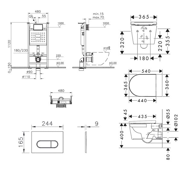 VITRA - V-Fix Core Pack WC bâti-support + WC sans bride Hansgrohe EluPuraS + Abattant SoftClose + Plaque Noir mat (VFIXPURA9) - large