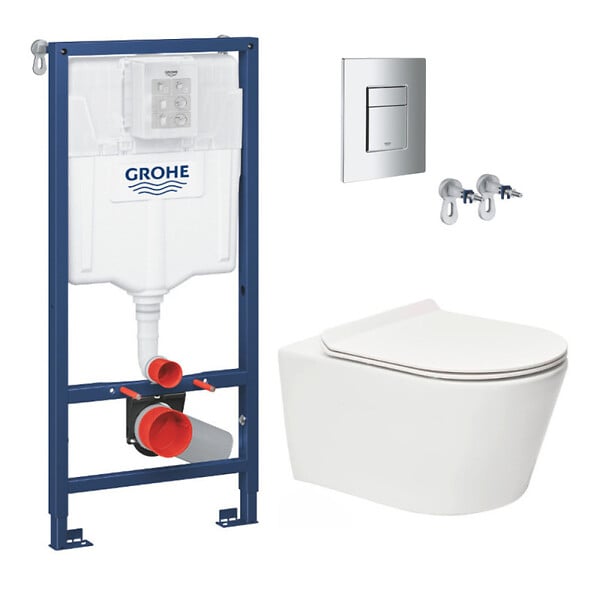 GROHE - Grohe Pack WC Bâti-support Rapid SL + WC sans bride SAT Brevis + Abattant slim, softclose + Plaque chrome (RapidSL-Brevis-1) - large