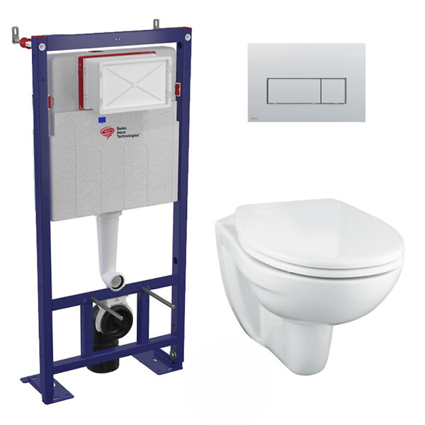 SWISS AQUA TECHNOLOGIES - Swiss Aqua Technologies Pack WC Bâti-support autoportant + WC Porcher sans bride + Abattant Astor + Plaque Chrome mat (SMART-Porcher-M572) - large
