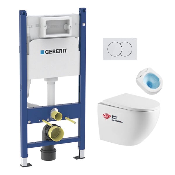 GEBERIT - Pack WC Bati-support Geberit Duofix + WC sans bride Swiss Aqua Technologies + Plaque de commande Delta01 Blanche (FusionTQGeb3) - large