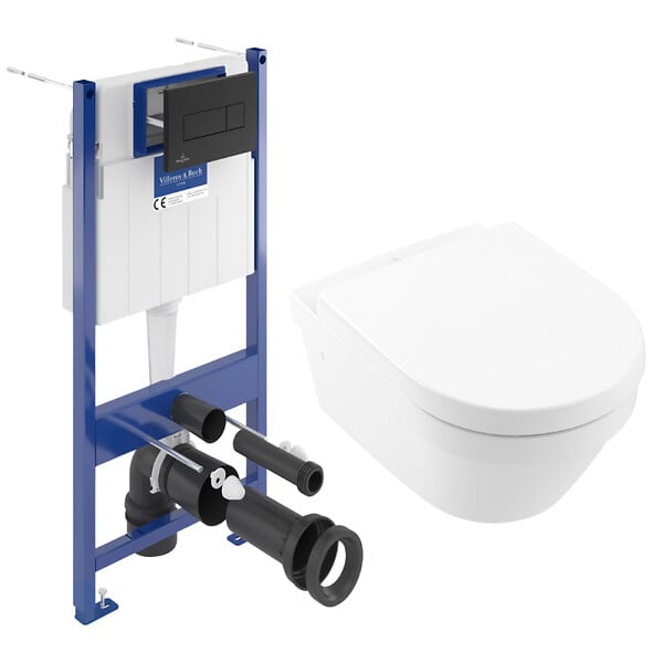 VILLEROY & BOCH - Pack WC Bâti-support sol mur Villeroy & Boch + WC sans bride Villeroy + Abattant SoftClose + Plaque noire (VCNARCHI3-4) - large