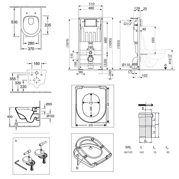 VILLEROY & BOCH - Pack WC Bâti-support sol mur Villeroy & Boch + WC sans bride Villeroy + Abattant SoftClose + Plaque noire (VCNARCHI3-4) - large