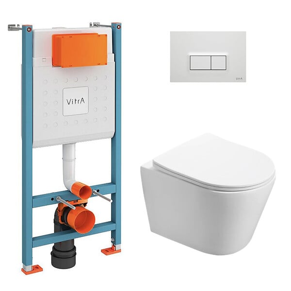 VITRA - Pack WC Bâti-support V-Fix Core + WC Swiss Aqua Technologies Infinitio sans bride + Plaque, Blanc brillant (V-FixInfinitio-1) - large
