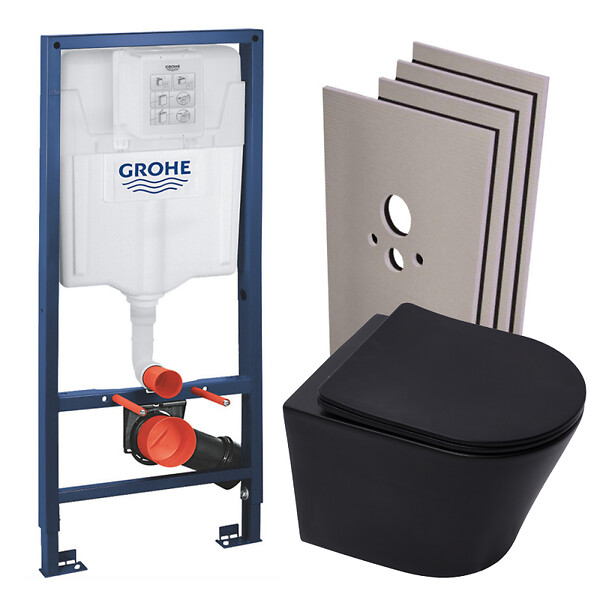 GROHE - Grohe Pack WC Bâti-support Rapid SL + Cuvette SAT Infinitio noire mat + Abattant frein de chute + Plaque Chrome + Set habillage - large