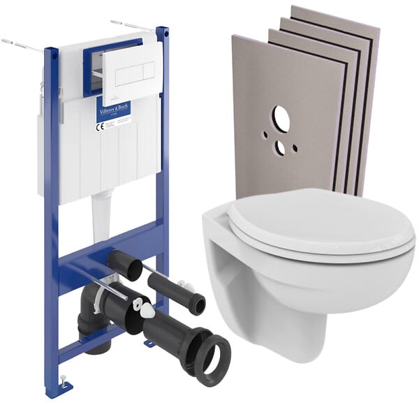 VILLEROY & BOCH - Pack WC bâti-support Villeroy & Boch + WC Porcher sans bride + Abattant + Plaque blanche + habillage (ViConnectPorcher-2-sabo) - large