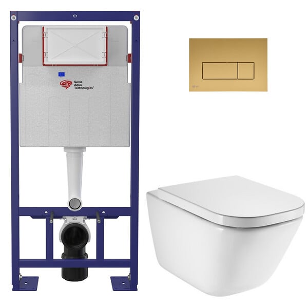 SWISS AQUA TECHNOLOGIES - Swiss Aqua Technologies Pack WC bâti-support autoportant + WC suspendu sans bride avec abattant SoftClose + plaque or mat (STROGAWR08-U) - large