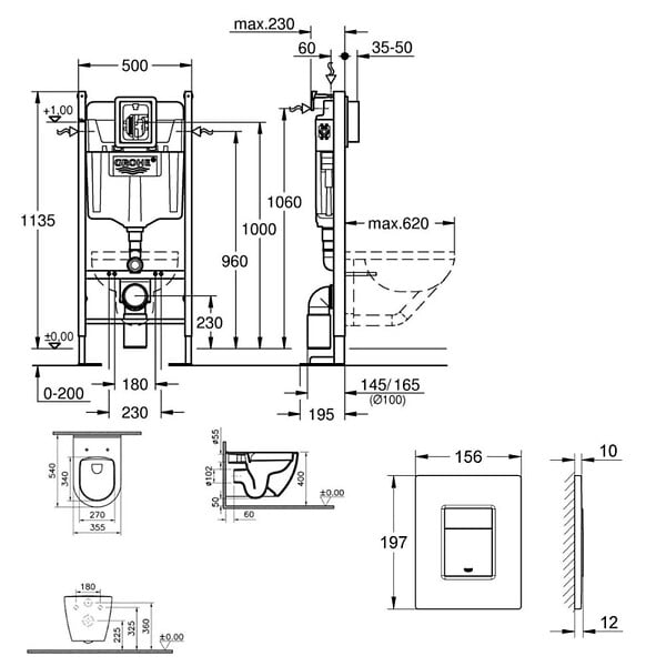 GROHE - Grohe Pack bâti support+WC sans bride + Abattant avec frein de chute+Plaque de commande (ProjectS60-1) - large