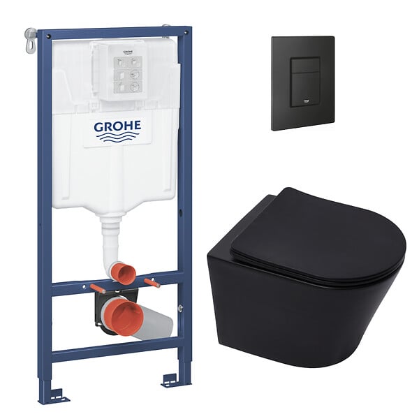 GROHE - Pack WC Bâti-support Rapid SL + WC sans bride SAT Noir mat + Abattant softclose + Plaque Noir mat (RapidSL-BlackInfinitio-KF0) - large
