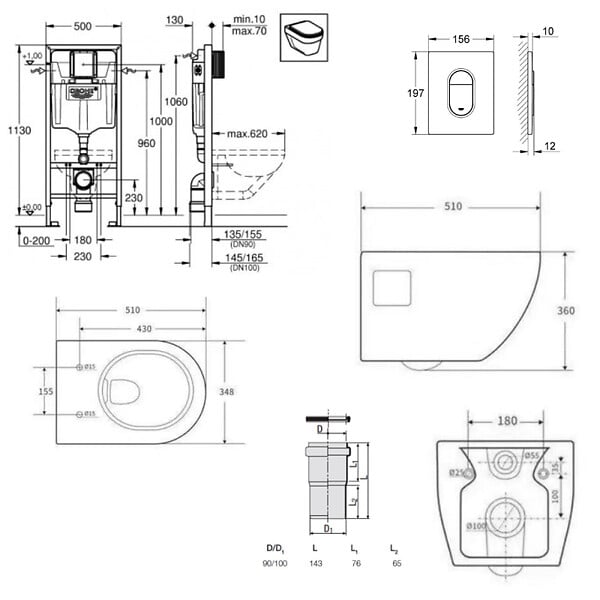 GROHE - Grohe Pack WC Bâti-support Rapid SL + WC SAT sans bride + Abattant SoftClose + Plaque chrome + Set d'habillage (ARENAPROJECTSB) - large