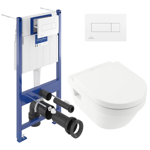 VILLEROY & BOCH - ViConnect Pack Bâti-support Villeroy & Boch + Cuvette sans bride Villeroy + Abattant + Plaque blanche (VICONNECTARCHI4-2) - large