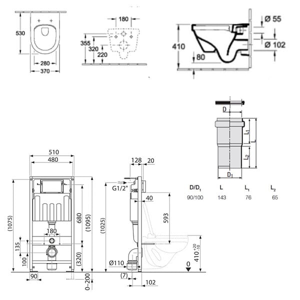 VILLEROY & BOCH - ViConnect Pack Bâti-support Villeroy & Boch + Cuvette sans bride Villeroy + Abattant + Plaque blanche (VICONNECTARCHI4-2) - large