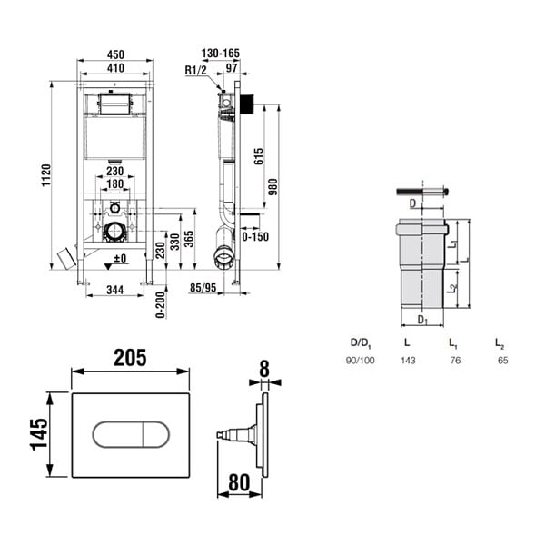 ROCA - Bâti-support WC suspendu, installation sur cloison légère, hauteur 112 cm, chasse 2/4-6 L + plaque noir mat (ROB01-FR) - large
