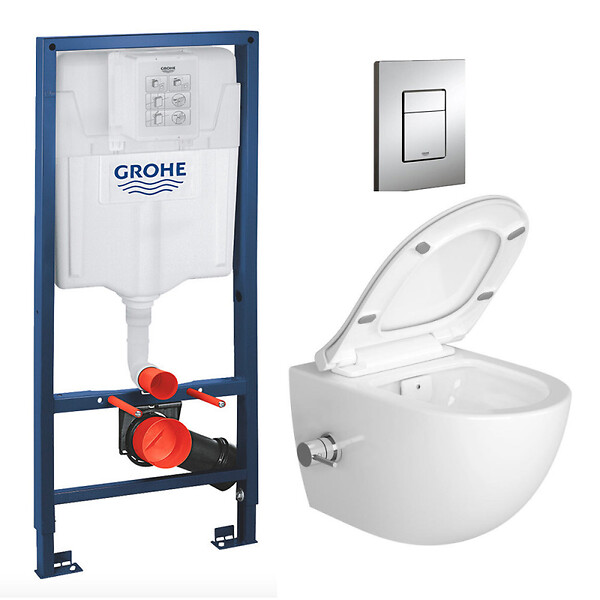 SWISS AQUA TECHNOLOGIES - Swiss Aqua Technologies Pack WC Bâti-support Rapid SL + WC sans bride avec fonction bidet thermostatique + Plaque chrome - large