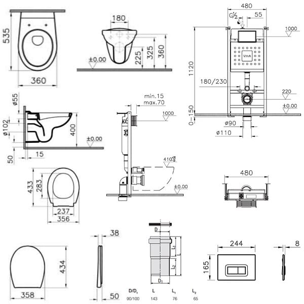 VITRA - Vitra  Pack WC Bâti-support V-Fix Core + WC suspendu Vitra Normus + Abattant SoftClose + Plaque, Blanc Brillant (V-FixNormus-1) - large