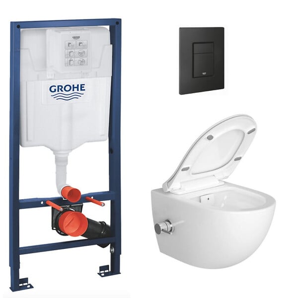 GROHE - Grohe Pack Bati-support Project + WC sans bride avec fonction bidet thermostatique + Plaque Noir mat (RapidSL-SATClean-KF0) - large
