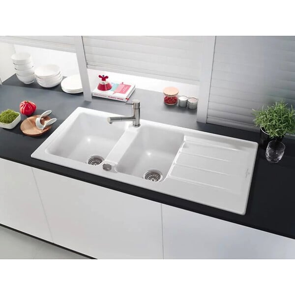 VILLEROY & BOCH - Architectura 80 Evier à encastrer 116x51cm réversible avec vidage automatique, 2 cuves, Céramique, Blanc (33801201) - large
