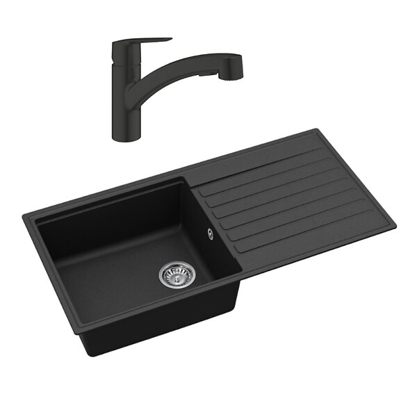SWISS AQUA TECHNOLOGIES - Swiss Aqua Technologies 100x50 cm évier avec égouttoir réversible en granite à encastrer + mitigeur monocommande avec douchette 2 jets, noir mat - large