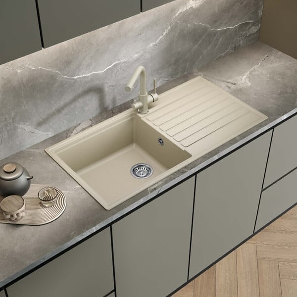 SWISS AQUA TECHNOLOGIES - Swiss Aqua Technologies 100x50 cm évier avec égouttoir réversible en Granite, à encastrer, blanc (SATSINKGQK103W) - large