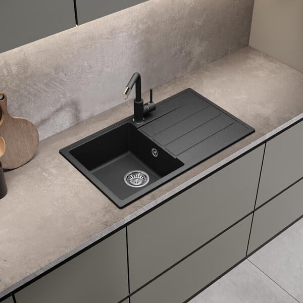 SWISS AQUA TECHNOLOGIES - Swiss Aqua Technologies 76x44 cm évier avec égouttoir réversible en Granite, à encastrer, noir (SATSINKGE3B) - large