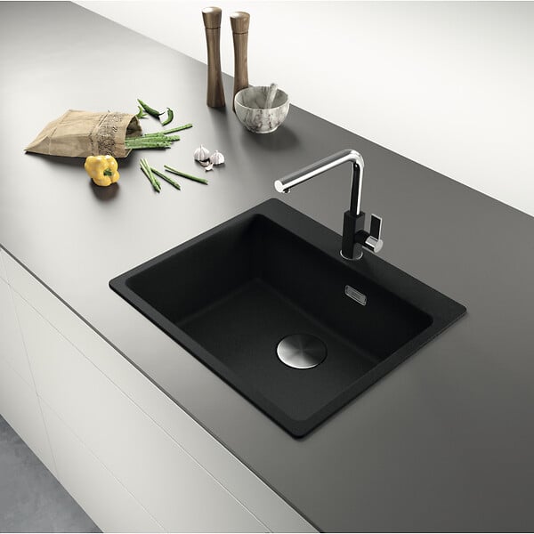 FRANKE - Franke Maris MRG 610-54 Evier à encastrer 59x50cm, avec bonde et siphon gain de place, en Fragranit+, Noir mat + Cache bonde - large