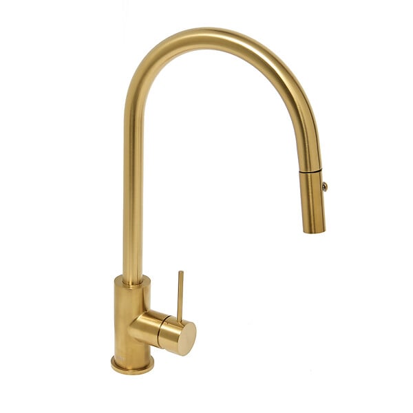 SWISS AQUA TECHNOLOGIES - Swiss Aqua Technologies Mitigeur évier à levier sur pied 44 cm avec douchette extractible 2 jets, or brossé (SATBAUR286BG) - large