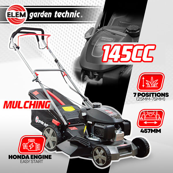 ELEM GARDEN TECHNIC - Tondeuse thermique tractée 145CC avec moteur Honda, mulching et éjection latérale - large