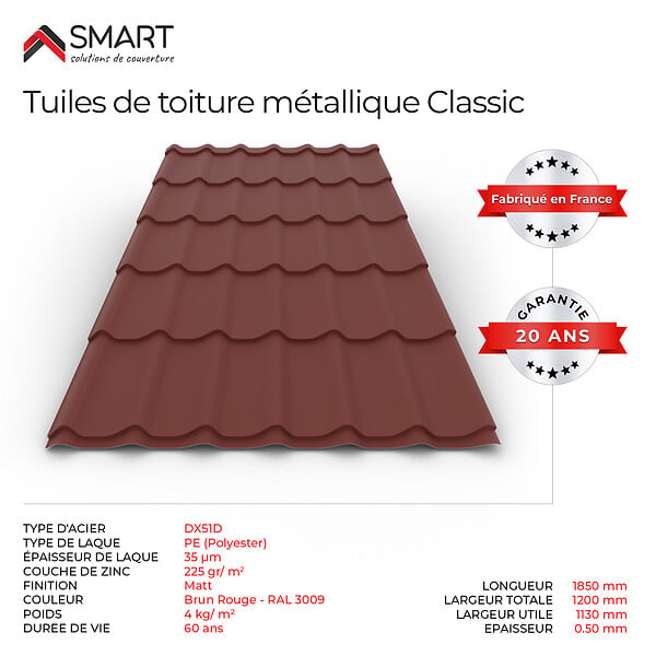 BRAVO THE SMART SOLUTION - Tuile de toiture - bac acier - Couverture métallique CLASSIC Coloris Rouge Oxyde 3009 Matt Dimensions 1850x1200x0.50mm - large