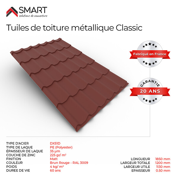 BRAVO THE SMART SOLUTION - Tuile de toiture - bac acier - Couverture métallique CLASSIC Coloris Rouge Oxyde 3009 Matt Dimensions 1850x1200x0.50mm - large