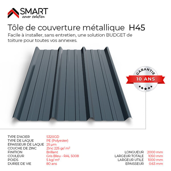 BRAVO THE SMART SOLUTION - Tôle bac acier - Toiture - Couverture - plaque TR45 Coloris Gris Bleu RAL 5008 Dimensions 2000x1050x0.63mm - large