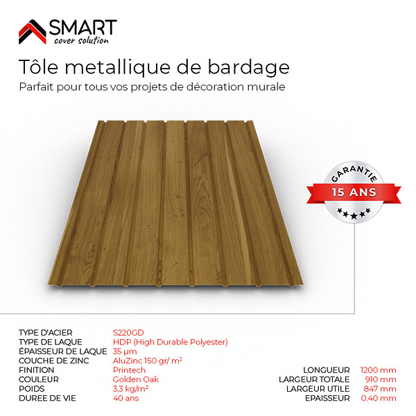 BRAVO THE SMART SOLUTION - Tôle bac acier - Bardage - plaque H12 Coloris Golden Oak Printech Dimensions 1200x910x0.40 mm - large