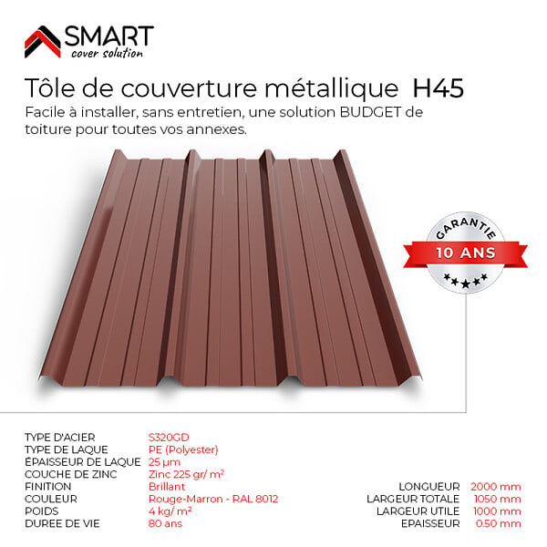 BRAVO THE SMART SOLUTION - Tôle bac acier - Toiture - Couverture - plaque TR45 Coloris Rouge Terracotta RAL 8012 Dimensions 2000x1050x0.50mm - large