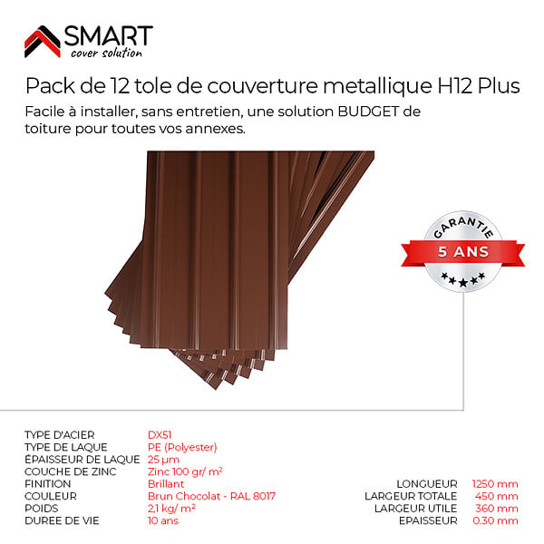 BRAVO THE SMART SOLUTION - SMART COVER Pack 12 tôles bac acier - toiture - couverture H12 - Dimensions: 125cm x 45cm = 6,75m² | épaisseur: 0,30mm | Qualité Allemande | Acier couleur RAL 8017 - large