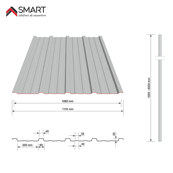 BRAVO THE SMART SOLUTION - Tôle bac acier - Toiture - Couverture - plaque TR25 Coloris Rouge Terracotta RAL 8012 Dimensions 2000x1110x0.50mm - large