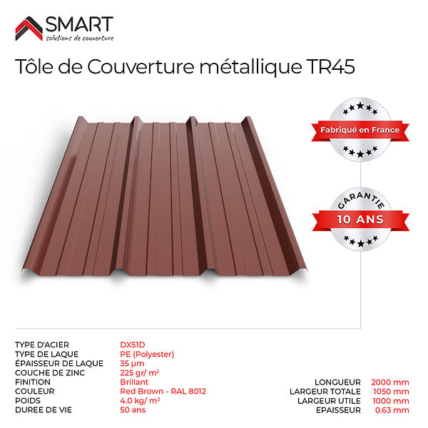 BRAVO THE SMART SOLUTION - Tôle bac acier - Toiture - Couverture - plaque TR45 Coloris Brun Rouge Terracotta RAL 8012 Dimensions 2000x1050x0.63mm - large