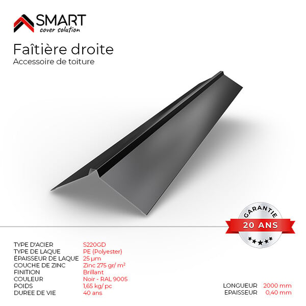BRAVO THE SMART SOLUTION - Faîtière droite - bac acier - tôle de couverture - Toiture -  H12 Noire RAL 9005 L=2m - large