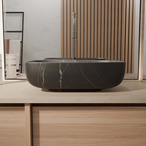 AURLANE - Vasque à poser rectangulaire en céramique noire mat effet marbre 46x32x13.5 cm - BLACK MARBLE - large