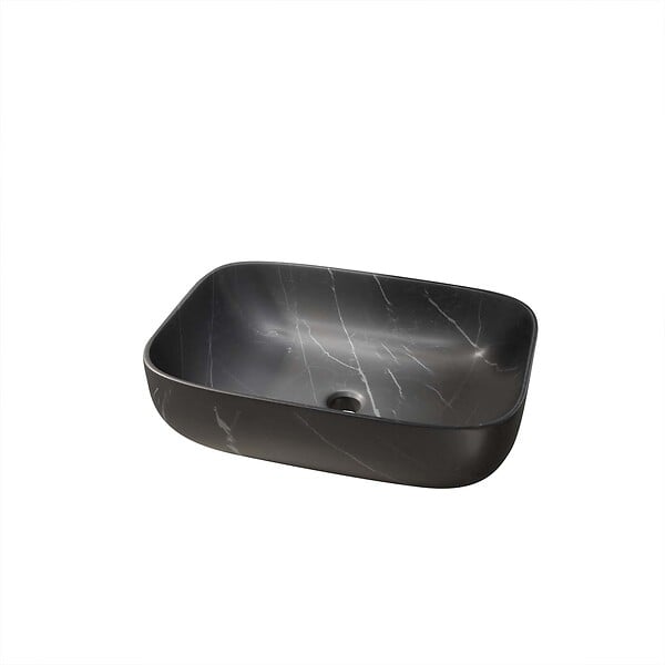 AURLANE - Vasque à poser rectangulaire en céramique noire mat effet marbre 46x32x13.5 cm - BLACK MARBLE - large