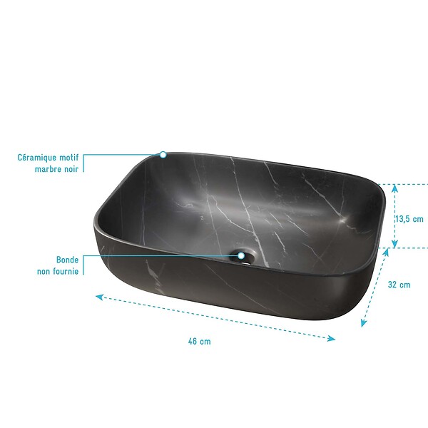 AURLANE - Vasque à poser rectangulaire en céramique noire mat effet marbre 46x32x13.5 cm - BLACK MARBLE - large