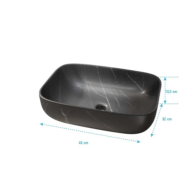AURLANE - Vasque à poser rectangulaire en céramique noire mat effet marbre 46x32x13.5 cm - BLACK MARBLE - large