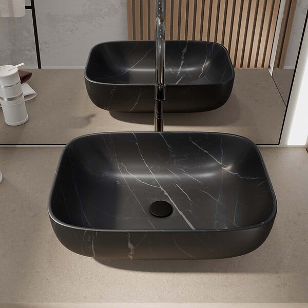 AURLANE - Vasque à poser rectangulaire en céramique noire mat effet marbre 46x32x13.5 cm - BLACK MARBLE - large
