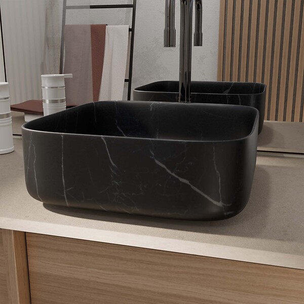 AURLANE - Vasque à poser carrée en céramique noire mat effet marbre 38x38x14 cm - BLACK MARBLE - large