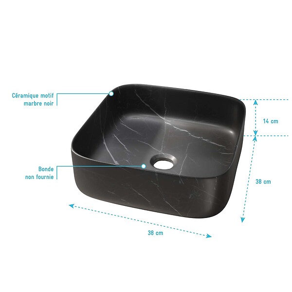 AURLANE - Vasque à poser carrée en céramique noire mat effet marbre 38x38x14 cm - BLACK MARBLE - large