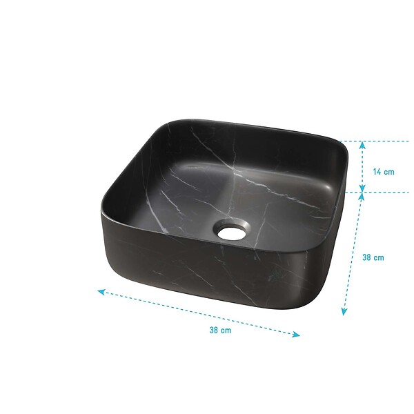 AURLANE - Vasque à poser carrée en céramique noire mat effet marbre 38x38x14 cm - BLACK MARBLE - large