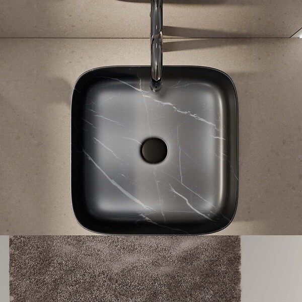 AURLANE - Vasque à poser carrée en céramique noire mat effet marbre 38x38x14 cm - BLACK MARBLE - large