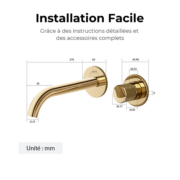 EMKE - EMKE Mitigeur Lavabo Mural Design Séparé 281×140×65 mm, Robinet Or Champagne en Laiton & Inox 304, Cartouche Céramique Longue Durée - large