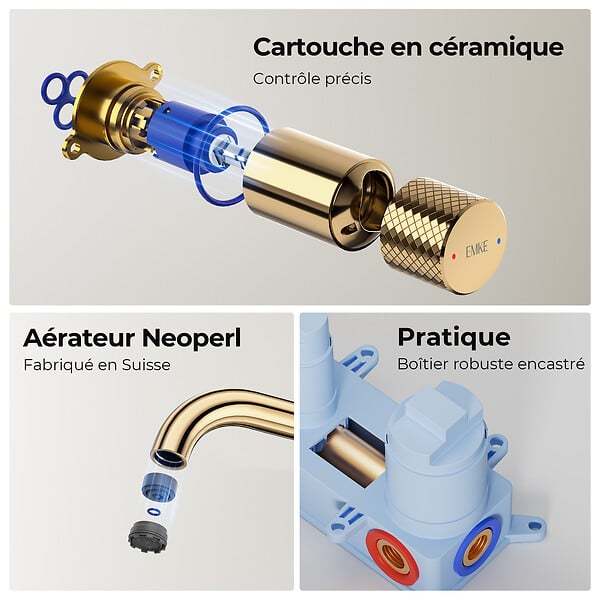 EMKE - EMKE Mitigeur Lavabo Mural Design Séparé 281×140×65 mm, Robinet Or Champagne en Laiton & Inox 304, Cartouche Céramique Longue Durée - large